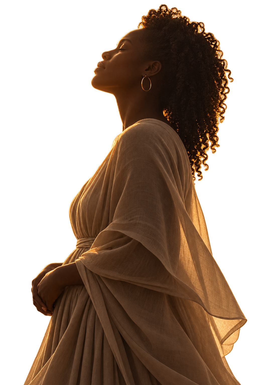 A serene woman in profile, looking upward in warm golden light