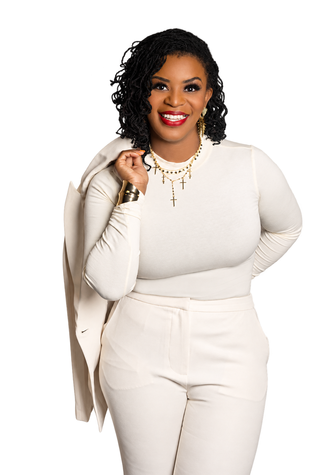 Stephanie Daniels Carter smiling in white